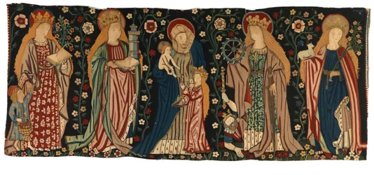 Tapestry antependium depicting St Anne, the Virgin and Christ, and four female saints