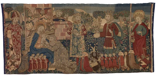 Tapestry antependium depicting the Adoration of the Magi and two saints, Nuremberg