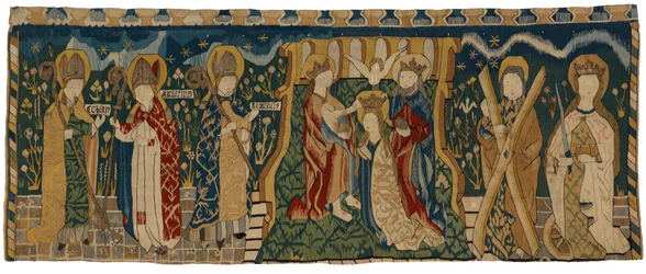 Tapestry antependium depicting the Coronation of the Virgin between three holy bishops and two saints, from Middle Germany