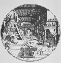 The Alchemist in his Laboratory, from Amphitheatrum Aeternae Sapientiae by Heinrich Kunrath, illustrated in a history of magic published late 19th century
