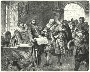 The Holy Roman Emperor Rudolf II granting Bohemian Protestants greater religious freedom in his Letter of Majesty