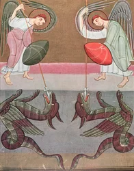 The angels accompanying St. Michael attack the dragons, facsimile of the Bamberg Apocalypse