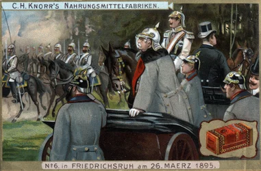 The military troops of the Prussian Armee passed before Chancellor Otto von Bismarck on 26 March 1895 in Friedrichsruh, Germany. Chromolithography, late 19th century