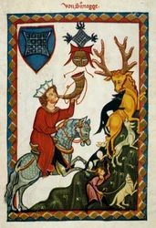 The pleasures of hunting: King Radin of Hohenstaufen, King of Sicily (Italy) and Jerusalem (Israel) under the name of Conrad II, Duke of Swabia under the name of Conrad III and King of the Romans under the name of Conrad V (1252-1268) hunts deer (illuminat
