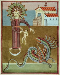 The woman clothed with the sun being attacked by the dragon with seven heads, facsimile of the Bamberg Apocalypse