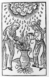 Two witches preparing a potion, summoning a hail storm - engraving from “de lanijs et phitonicis mulieribus”, Cologne