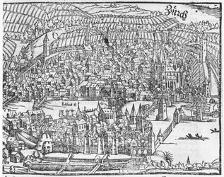 View of Zurich (from Cosmographie Universelle by Sebastien Munster, published 1559)