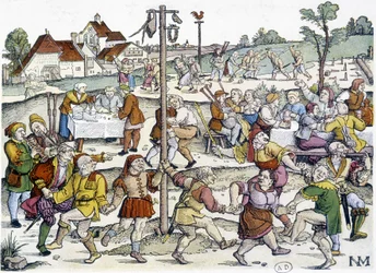 Village Dance Around the Matte de Cocagne - 16th Century German Imagery from Nikolaus Meldemann