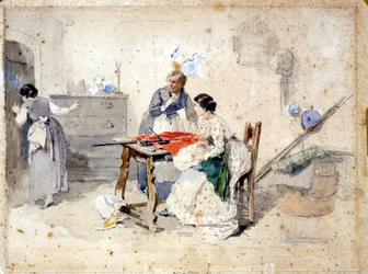Milanese Women Make the Italian Tricolor Flag. Watercolour by Gerolamo Induno. Milan, Museo del Risorgimento