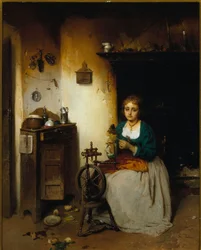 Young woman spinning wool, her expression is sad and her interior miserable