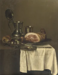 Still Life with Pewter Jug, Silver Cup, Ham on a Silver Plate, Knife on a Pewter Plate and a Roll of Bread