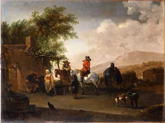 Travellers on horseback taking refreshment on a mountain pass, in an Italianate landscape