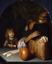 Boy Blowing Soap Bubbles and Still Life