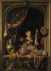 A Young Woman Holding a Hare with a Boy at a Window