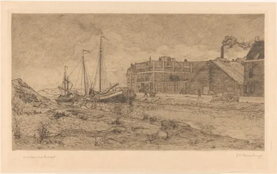 Moored boats near a factory