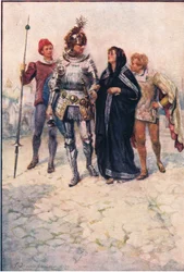 Prince Arthur leads Belge and her sons into the castle, Stories from the Faerie Queen published by George Harrap and Company