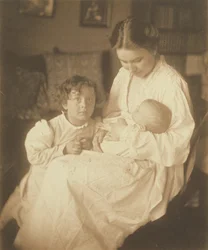 Mother in Dressing Gown, Seated, with Infant and Small Son