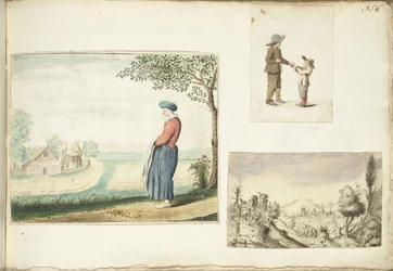 Peasant Woman, Boys with Apples, and a Hilly Landscape