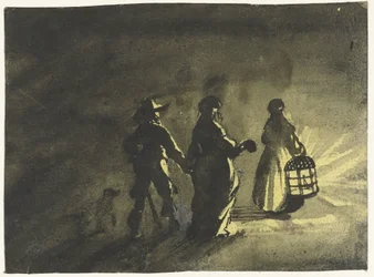 Night Scene: Couple Walking Behind a Woman with a Lantern, from Behind