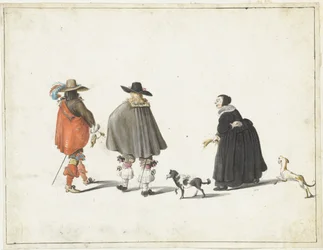 Woman in black, accompanied by two little dogs, talking with two gentlemen