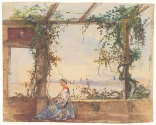 Woman Holding a Fan Below a Pergola and Vesuvius in the Background