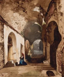 Woman praying at vaulted shrine in the amphitheatre of Pozzuoli, with additions by Princess Maria Annunziata di Borbone