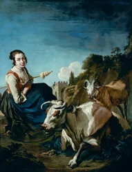 A Girl with a Cow and Sheep in a Rocky Landscape