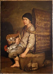 Errand boy seated with a basket on his back, eggs and poultry, c.1735