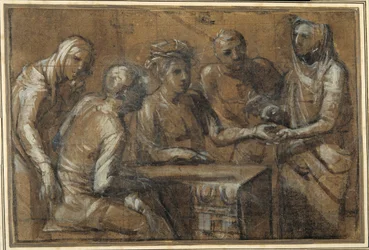 Five figures in an interior