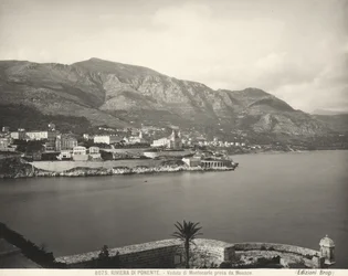 View of Montecarlo, resort overlooking the Ligurian Sea. The Maritime Alps rise in the background. The photograph was taken from Monaco