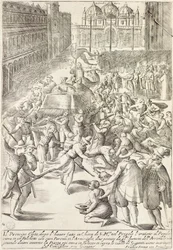 The prince elect on a small stage of the Arsenal in Venice throwing money at the public