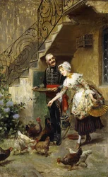 An Elegant Couple feeding Chickens in a Courtyard