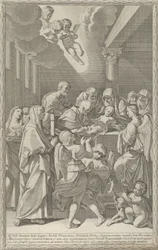 The circumcision of Christ, a group of men, women and angels surrounding him