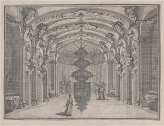 Theatrical Scene in a Great Hall with a Vaulted Ceiling and a Central Sculpture
