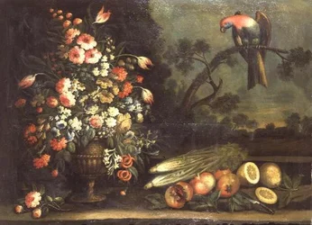 Still Life, Mixed Flowers, Vegetables and Parrot
