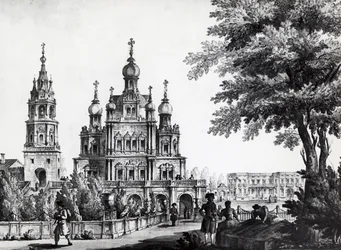 Church of Assumption and Gagarin Palace in Moscow, drawing
