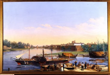 View of the Port of Pavia on the Po and the Steamboat Principessa Clementina
