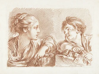 Young woman with flower basket and boy