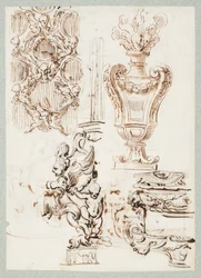 A Pierced Screen, Urn, a Fountain and Two Basins