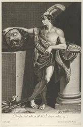 David standing with crossed legs and holding the head of Goliath on a pedestal