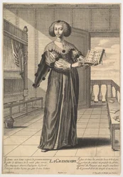 Grammar: A Young Woman Standing in a Decorated Interior Holding an Open Book in Her Left Hand