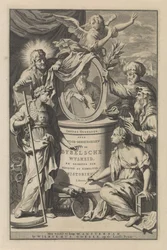Biblical Figures Unveil the Portrait of Moses (Title Page for Wilhelmus Goeree, Preparations for Biblical Wisdom, and Use of Holy and Church Histories, 1690)