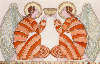Two angels holding a bowl