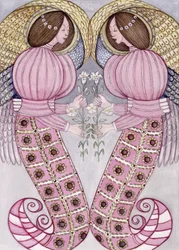 Two angels holding tiger lilies