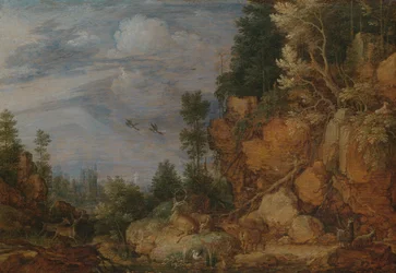 Rocky Landscape with Deer and Goats