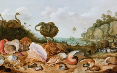 Shells and Birds, Including a Dodo, on a Seashore, Perseus Rescuing Andromeda in the Background