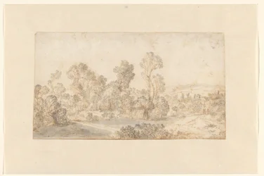 Hilly Landscape with Tall Trees Along a River