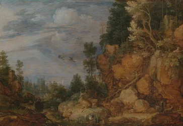 Rocky Landscape with Deer and Goats