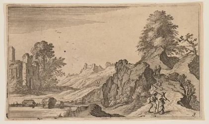 Three Pedestrians on a Wooden Bridge across a Stream, from Twelve Landscapes