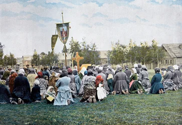 A religious procession in a village, Russia, c1890